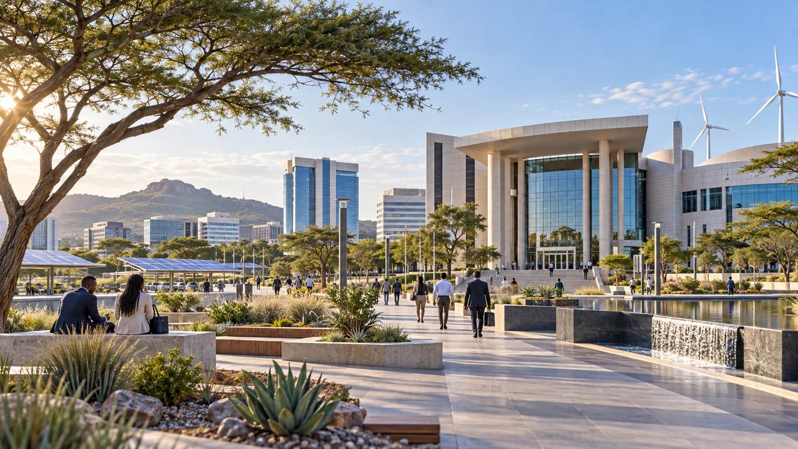 Editorial illustration of a civic and business district in Botswana