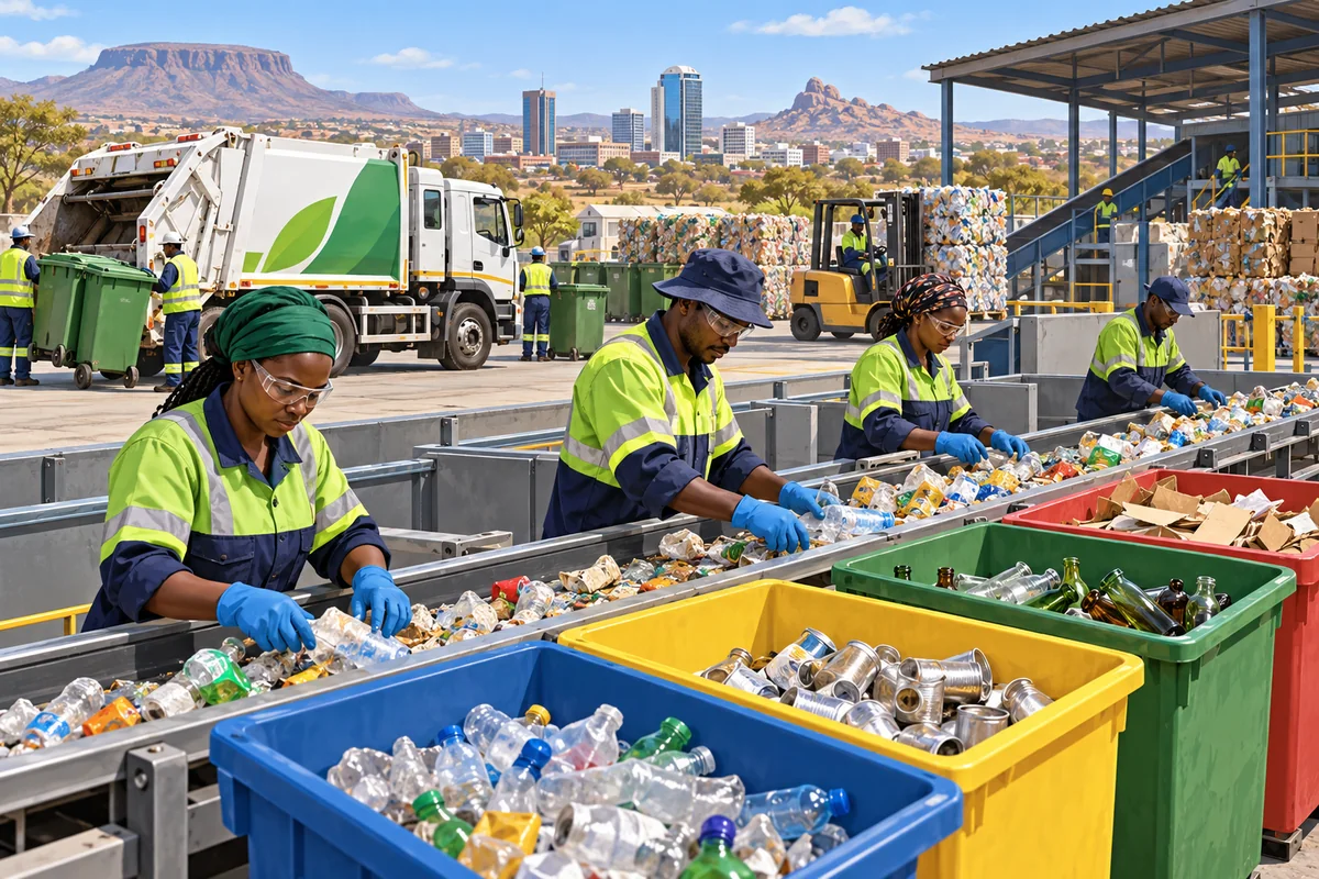 Editorial illustration of municipal recycling and waste sorting in southern Africa